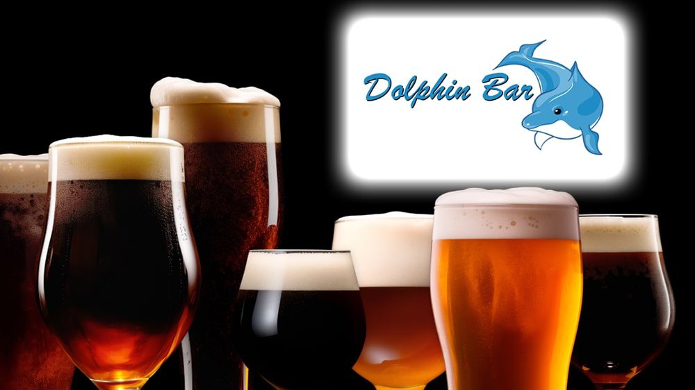Dolphin Bar graphic behind a selection of ales